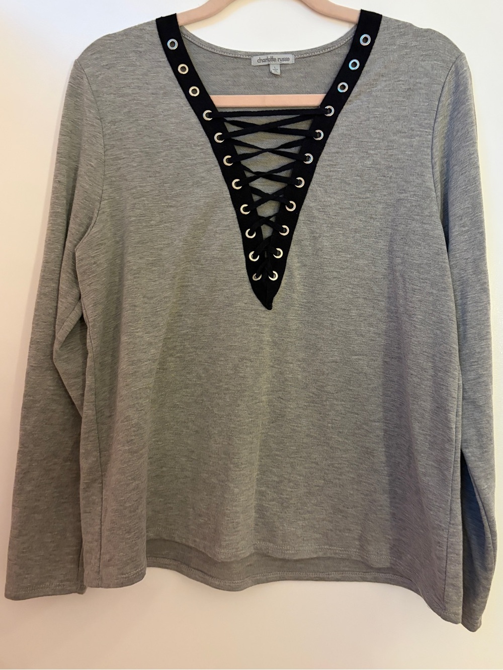 Charlotte Russe Gray Long Sleeve Lace-Up V-Neck Top